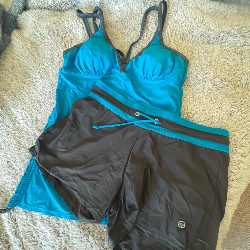 Free Country 2 Pc Bathing-suit Set (Aqua Blue & Dk Grey) Size : XL / L